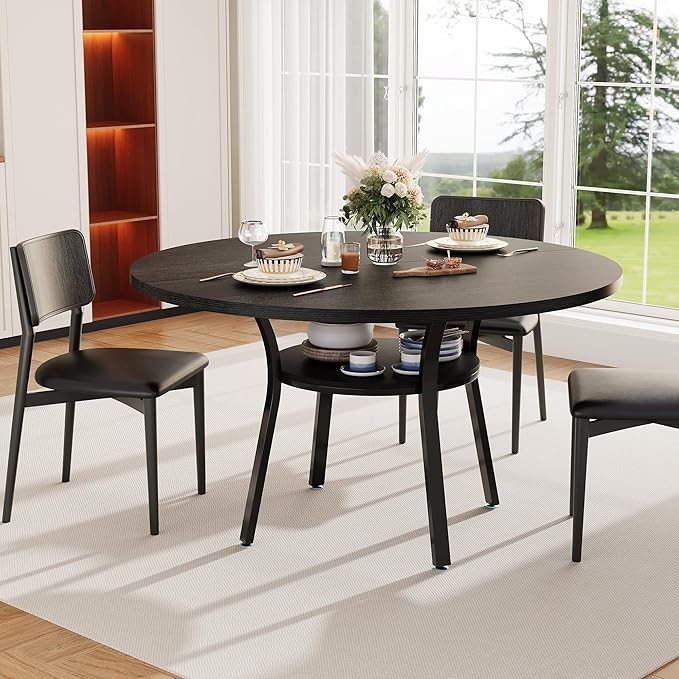 IDEALHOUSE Round Dining Table for 4-6, 47 Inch Kitchen Table with Sturdy Metal Frame, Space Saving Circle Dining Room Table for Small Space (Table Only), Black
