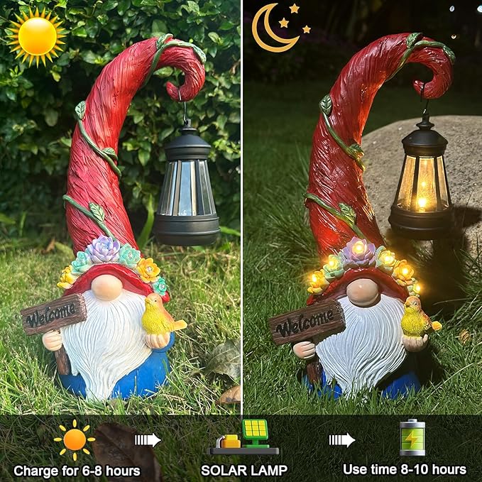Gnome Garden Decor Statue Solar Lights Outdoor Decor with Succulent and 6 LED Lights,for Balcony,Garden,Patio,Yard,Lawn,Housewarming Birthday Gifts for Women/Mom/Grandma