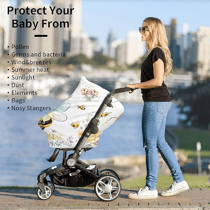 Personalized Bee Baby Car Seat Cover with Name,Multi-Use Canopy for Nursing, Strollers,Shopping Carts,Customized Breastfeeding Cover, Full Privacy,Infant Stroller Cover