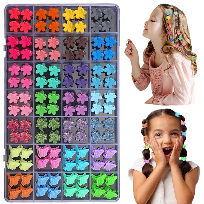 112 Pcs Baby Hair Clips - 28 Color Mini Flower and Butterfly Clips for Girls, Toddlers - Small Claw Clips With Organizer Box - Cute Hair Accessories
