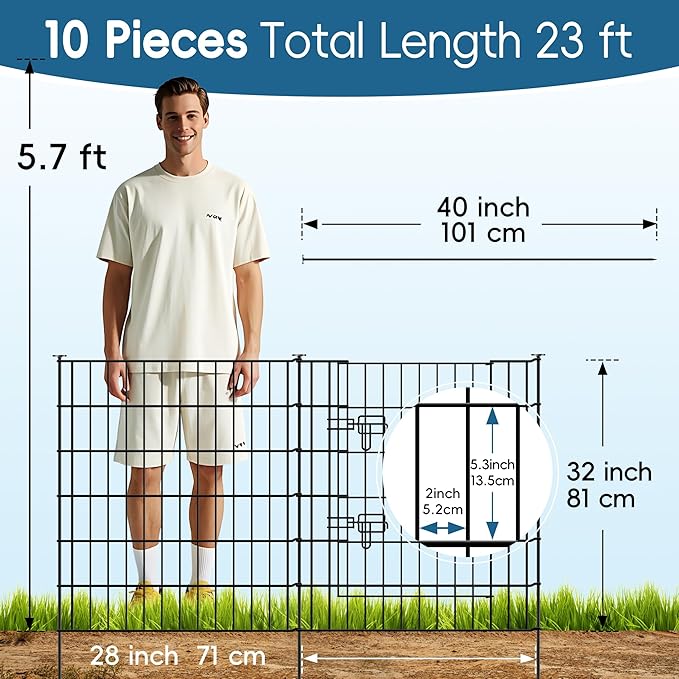 Metal Garden Fence 32 inch H x 28 inch W, 10 Panels (9 Panels + 1Gate), Total 23 ft, No Dig Fence Rustproof Animal Barrier Fencing for Dog, Rabbits, and Patio,Yard