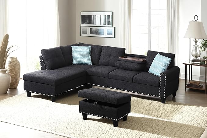 98 Inch L Shaped Sectional Sofa with Chaise Lounge, Storage Ottoman and 2 Pillows, 4-Seaters Linen Upholstered Tufted Couch w/Cupholder & Nailhead Trim for Living Room, Office, Charcoal Grey