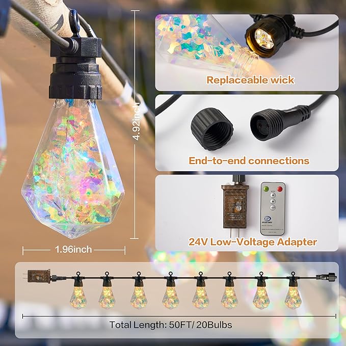 Outdoor String Lights, 50FT 20 LED Iridescent Holographic Bulbs, Waterproof Patio Lights with Remote Control, Shatterproof Connectable Lights for Backyard, Porch, Garden, and Party