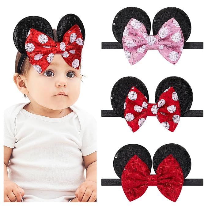 choicbaby 3 PCS Mouse Ears Sequin Bow Nylon Hairband with Polka Dot Cute Baby Headbands Soft Hairbands Hair Accessories for Newborn Infant Toddler Party Supplies