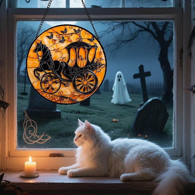 Stained Glass Window Hanging - Halloween Pumpkin Carriage Suncatcher for Doors Window Garden Indoor Spooky Funny Orange Sun Catchers Gothic Decor Horror Gifts for Women Men Friend 15 in