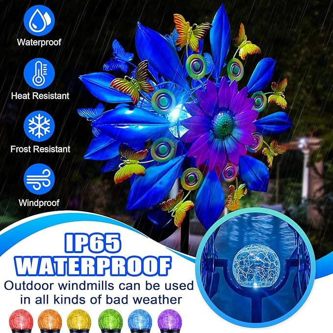 60 Inch Solar Wind Spinner Outdoor - Double-Sided Rotating Colorful Kinetic Wind Spinners for Garden, Yard Decorations Outdoor,Metal Wind Sculptures & Spinners, Wind Art
