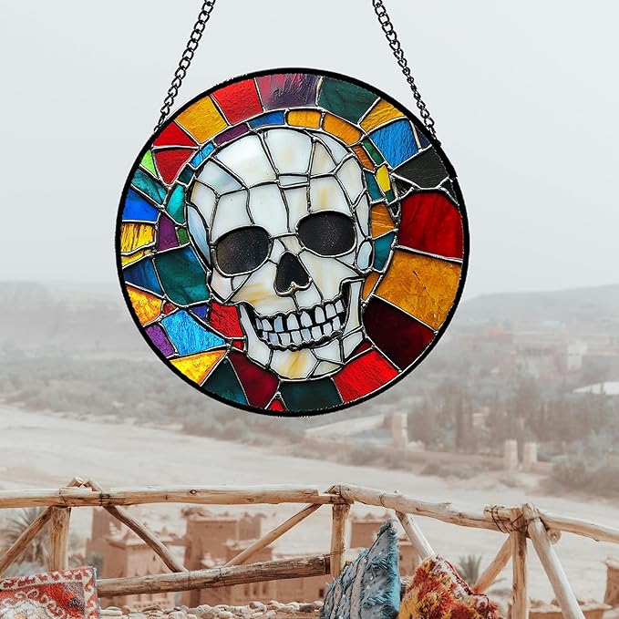 Stained Glass Window Hanging Halloween Horror White Skull Large 11.8" - Suncatcher Door Garden Kitchen Sun Catcher Home Gothic Decor Birthday for Mom Men Woman Friend Grandma