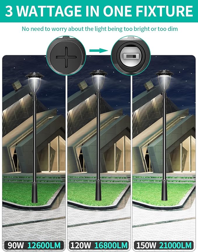 LED Post Top Light ETL Listed 150W 120W 90W Adjustable Outdoor Pole Lights with Photocell IP65 Waterproof Post LED Fixture 5000K for Garden Yard Street