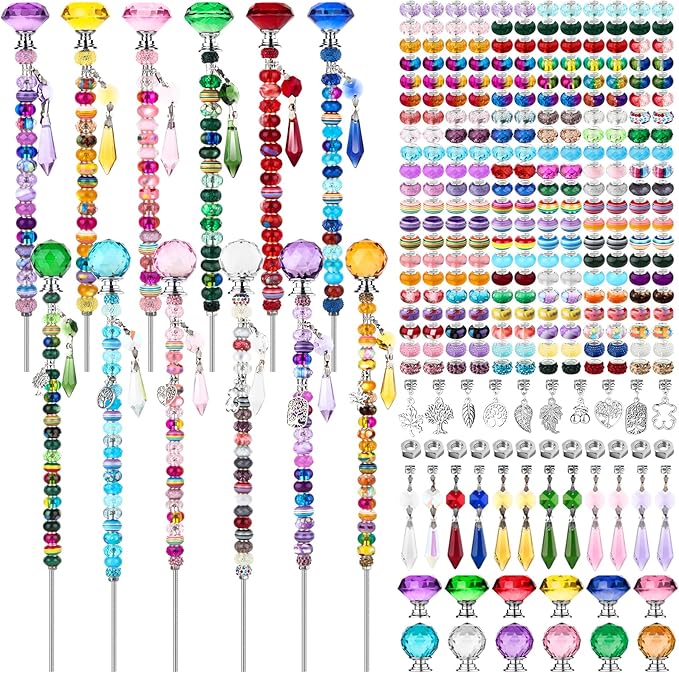UFU 310Pcs DIY Fairy Wand Beaded Garden Stakes Kit, Fairy Wands Kit with Sparkling Crystal Pendants, Suitable for Different Holidays Garden Stakes Decorative Outdoor Beadable Items(10&12IN)