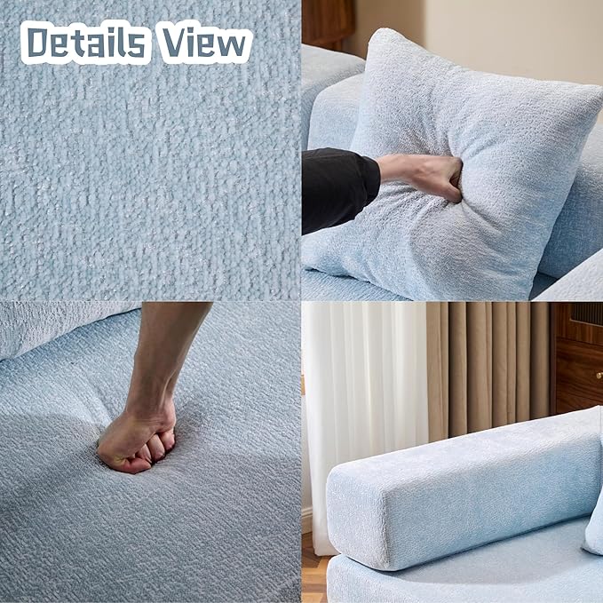Convertible Sofa Bed, Compression Futon Sofa with Pillows & Armrest, Foldable Mattress Couch with Fixed-Shape Frame, Comfy Couch Lounge Sleeper Bed for Living Room Bedroom, Light Blue