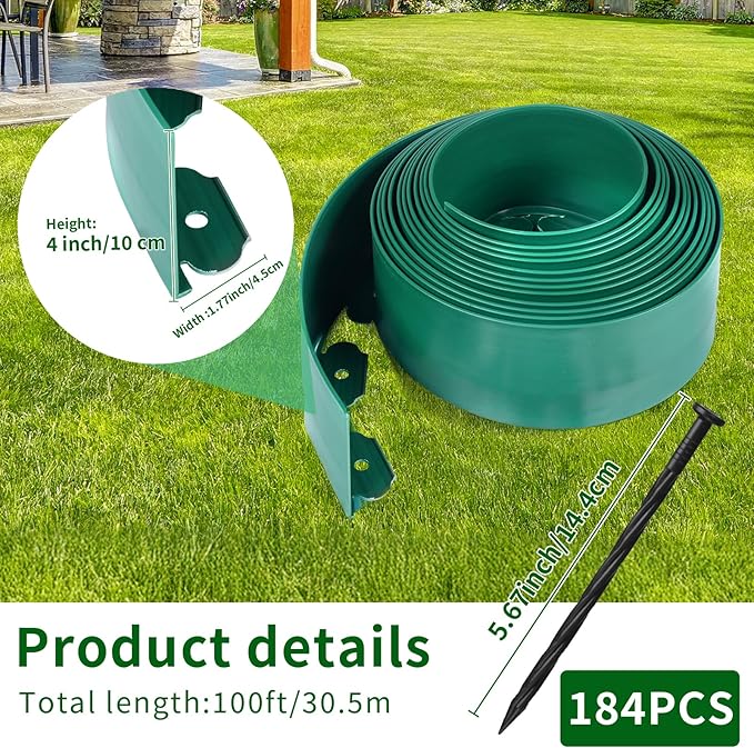 4 in x 100 Ft Garden Landscape Edging, No Dig Garden Edging Border Kit with 184 Pcs Spikes for Flower Bed Lawn Yard Grass Green