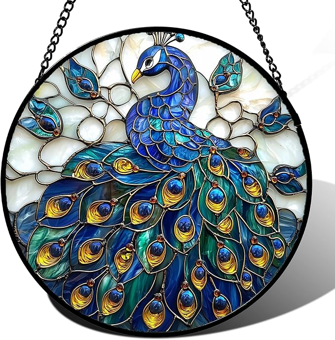 Stained Glass Window Hanging - Peacock Blue Gold Feathers Sun Catcher for Door Garden Home Decor Bird Suncatcher Christmas Mother's Day Birthday Gifts for Women Men Mom Nana 11.8 in