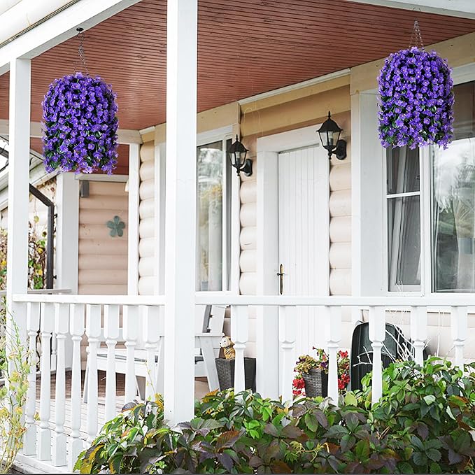 HyeFlora Artificial Faux Hanging Plants Flowers Vines for Outdoor Outside Fall Decoration, 2PCS Fake Silk Daisy Mums UV Resistant Look Real Purple Orchid Vine for Front Door Porch Planter Balcony