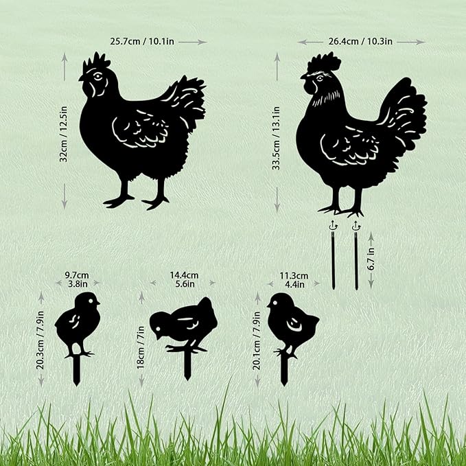 5 Pack Chicken Metal Garden Decorative Stakes, Weather Proof Silhouette Statues for Yard, Patio,Outdoor Decor for Chicken Lovers and Pet Owners