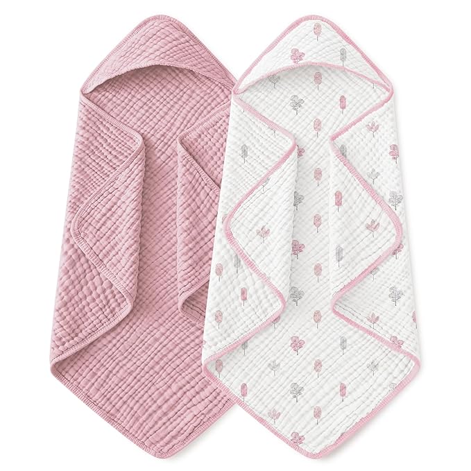 Yoofoss Hooded Baby Towels for Newborn 2 Pack 100% Muslin Organic Cotton Baby Bath Towel with Hood for Babies, Infant, Toddler and Kids,37.5"x37.5", Soft and Absorbent Newborn Essential,Pink&WhiteLeaf