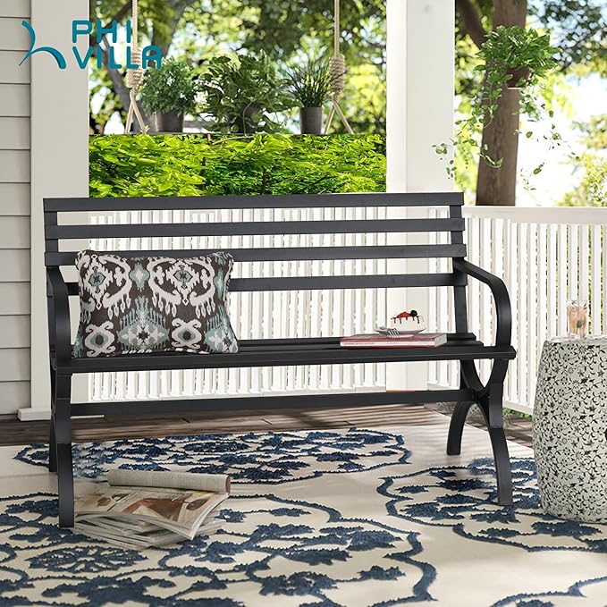 PHI VILLA Outdoor Garden Bench, 48” Long Metal Steel Bench with Backrest and Armrests, Modern Slatted Design for Patio, Lawn, Yard, Porch - Black