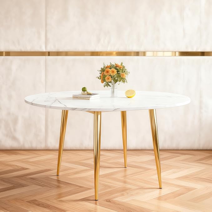 42"-54" Round Extendable Dining Room Table for 4–6, White Faux Marble & Wood Grain Top with Gold Metal Legs, Modern Luxury Oval Dining Room Table, Space-Saving Kitchen Table, Easy Assembly