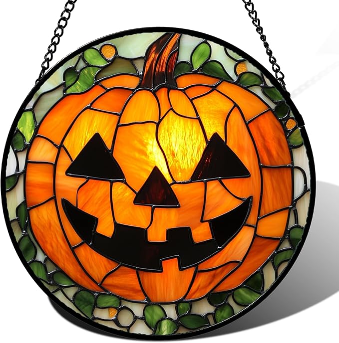 Stained Glass Window Hanging, Halloween Decorations Evil Pumpkin Suncatcher for Doors Garden Indoor Spooky Funny Orange Sun Catchers Gothic Decor Horror Gifts for Women Men Friend 9.8 in