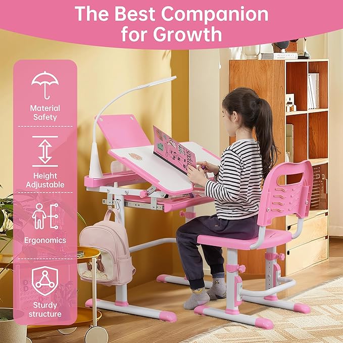Real Relax Kids Desk and Chair Set, Children's Multifunctional School Tables with Tilt Desktop, LED Light, Metal Hook Pink