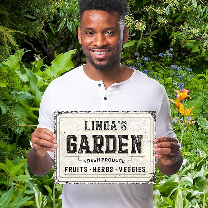 Custom Garden Fresh Produce Sign, Personalized Rustic Name for Backyard, Farm and Christmas Décor Sign, 10x14 Inches, Rust Free .040 Aluminum, Fade Resistant, Made in USA by Sigo Signs