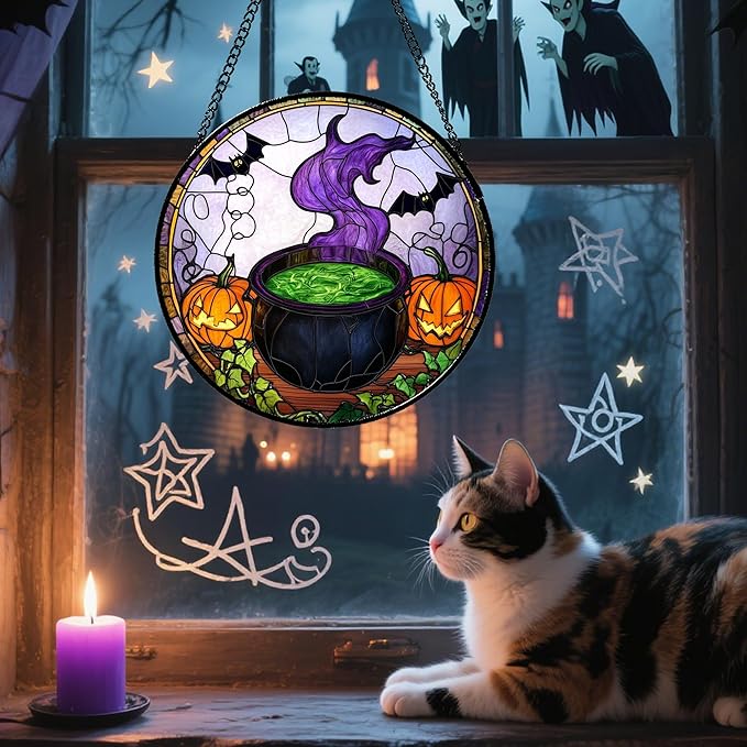 Stained Glass Window Hanging Halloween Scary Pumpkin Bat Magic Liquid Large 11.8" - Suncatcher Door Garden Sun Catcher Gothic Home Decor Birthday Horror Gifts for Mom Men Woman Friend