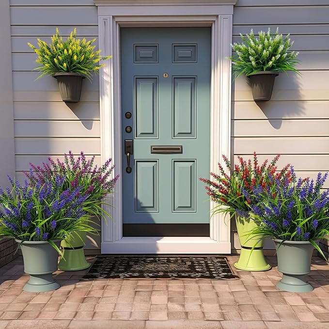 Artificial Flowers for Outdoor Plants 24 Bundles Fake Lavender Plastic Faux Monkey Grass for Verandah Window Garden Office Patio Front Porch UV Resistant for Planter(Purple)