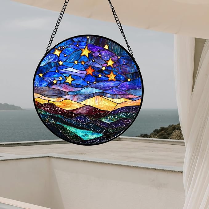 Stained Glass Window Hanging, Blue Sky Gold Stars Abstract Landscape Suncatcher for Doors Window Home Sun Catchers Decor Mother's Day Birthday Gifts for Women, Men Mom 9.8 in