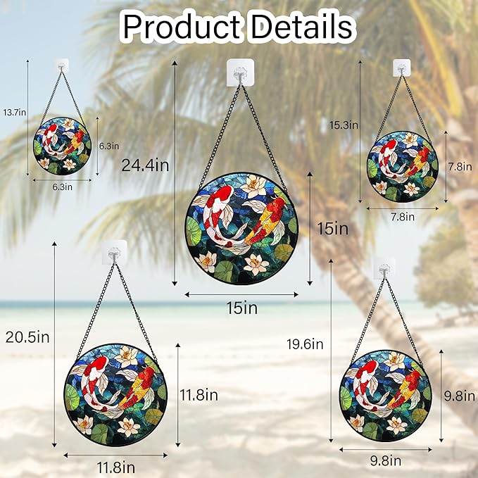Stained Glass Window Hanging, Koi and Lotus Sun Catcher for Door Home Decor Fish Suncatcher Christmas Mother's Day Birthday Gifts for Women Men Mom and Nana 11.8 in