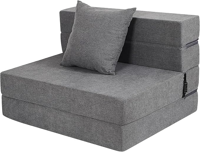 Futon Sofa Bed, High-Density Memory Foam Couch with Fluffy Pillow, Folding Floor Guest Bed, Twin Size, Dark Grey