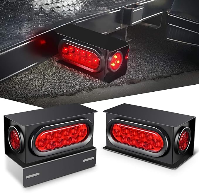 Nilight 2PCS Steel Trailer Light Boxes Housing Kit w/6Inch Oval Red LED Trailer Tail Lights 2 Inch Round Red LED Side Marker Lights w/Grommet Plugs Wire connectors