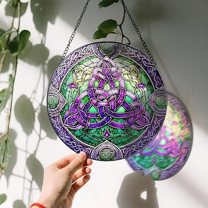 Stained Glass Window Hanging, LAOWEIKI 8'' Celtic Knot Suncatcher, Stained Glass Ornament, Suncatchers for Windows Hanging, Window Decor, Outdoor or Indoor, Gifts for Friends, Women, Art Lover
