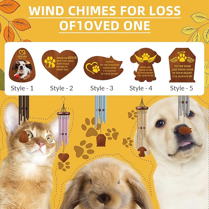 Personalized Pet Memorial Wind Chimes Custom - Custom Dog Memorial Wind Chime - Bereavement Gift for Pet Loss, Healing Wind Chimes for Loss of Cat (Standard Shapes)