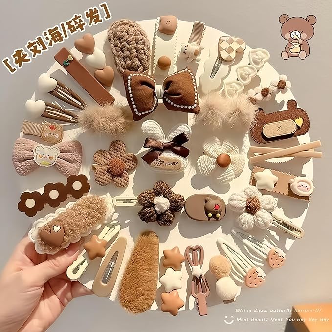 (12 Pcs) Super Cute Lovely Warm Autumn Winter Spring Theme Kid's Hairpin Flower Floral Bear Bowknot Hair Clips Hair Decoration Women Girls Salon Hairstyle Hairdressing Grip -Pink