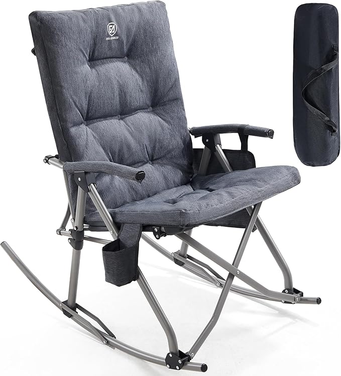 EVER ADVANCED Oversized Folding Rocking Camping Chair, Padded Portable Rocker Chair for Patio, Lawn and Outdoors, Heavy Duty Hard Armchair for Adults Supports 400lbs, Grey