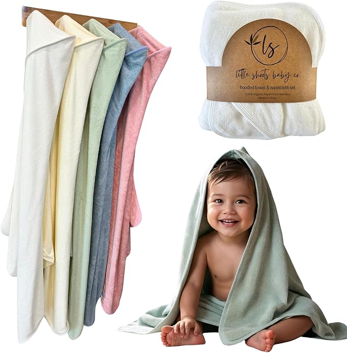 Hooded Baby Toddler Towel and Washcloth Set Made with Viscose from Bamboo, Large Size of 35" x 35", Soft and Absorbent, Baby Essential in White