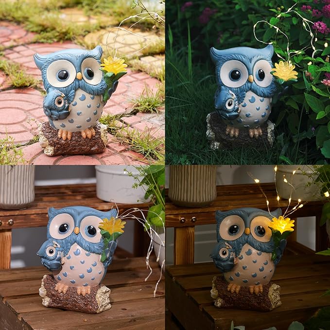 Solar Garden Statues Outdoor Decor, Fairy Owl Statue Garden Decor, Resin Yard Decorations Outdoor for Patio, Porch, Balcony, Lawn Ornaments, House Warming Birthday Gifts for Mom Women Grandma