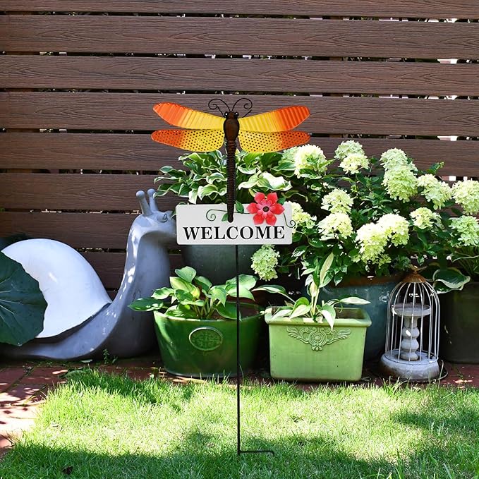 Veclotch Metal Butterfly Garden Stake,Rustic Butterfly Decorative Yard Stakes Metal Yard Art Ornaments Welcome Sign Outdoor Spring Garden Decor Patio Lawn Porch Pathway Decor (Dragonfly)
