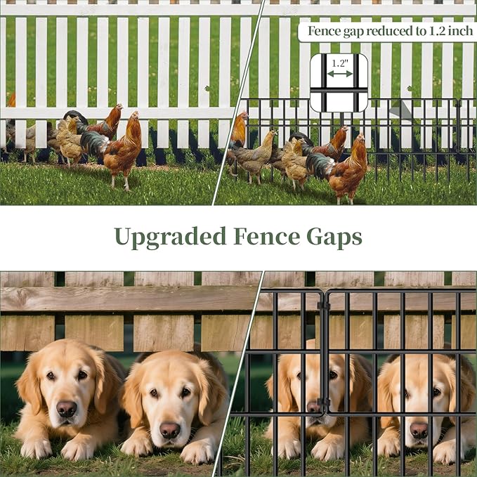 10 Panels Garden Animal Barrier Fence, 10.8ft(L) x 12in(H) No Dig Decorative Fence, 1.2in Spike Spacing Rustproof Metal Garden Fence Border for Dogs Rabbits, Bottom Blocker for Outdoor Yard Patio