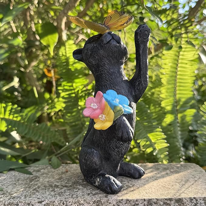 Solar Cat Garden Decoration Outdoor Statues - Cat with Butterfly Flowers Decorative Figurine for Yard Patio Lawn Porch Pathway Landscape Ornament Funny Birthday Gift for Mom Women
