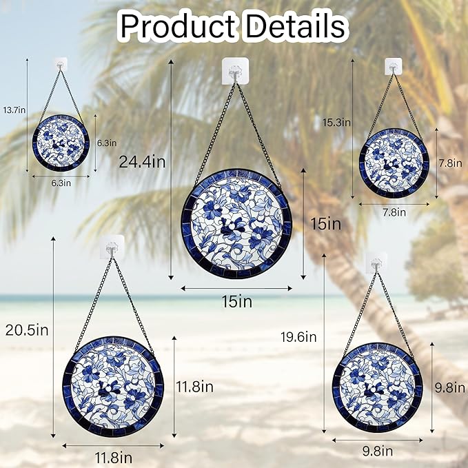 Stained Glass Window Hanging, Blue and White Abstract Flowers Sun Catcher for Door Home Decor Suncatcher Christmas Mother's Day Birthday Gifts for Women Men Mom and Nana 11.8 in