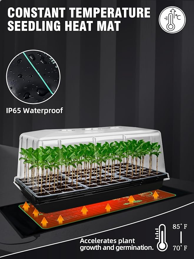 1020 Plant Tray with Tall 8'' Dome, 144-Cell Seed Starter Tray with Heat Mat, Extra Large Seed Starter Kit, Heavy-Duty Seed Starter Tray for Seed Starting, Plant Germination & Growing, 2 Pack