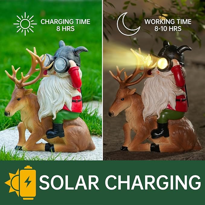 Garden Gnome Statues Resin Gnome Sitting On Deer Statues Solar Lights Outdoor Telescope Gnome Gifts for Yard, Patio Decor Gift (Deer Gnome)