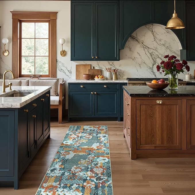 GENIMO Floral Runner Rug 2X6, Machine Washable Non Slip Vintage Patchwork Hallway Runner, Ultra-Thin Low Pile Runners for Indoor Entryway, Hallway, Kitchen and Corridor, Navy Blue