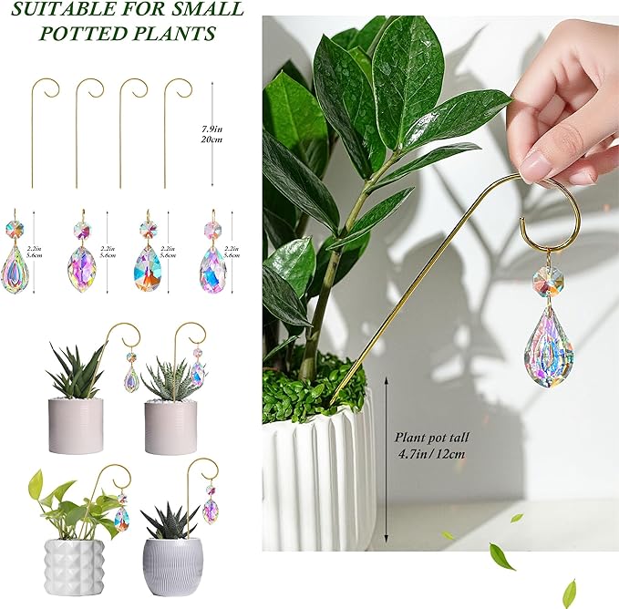 HDCRYSTALGIFTS 4PCS Small Trellis for Mini Potted Plants Indoor Decorations with Crystal Prisms Sun Catchers, 7.5inch Metal Plant Stakes Suncatchers for Fairy Garden Rainbow Crystals