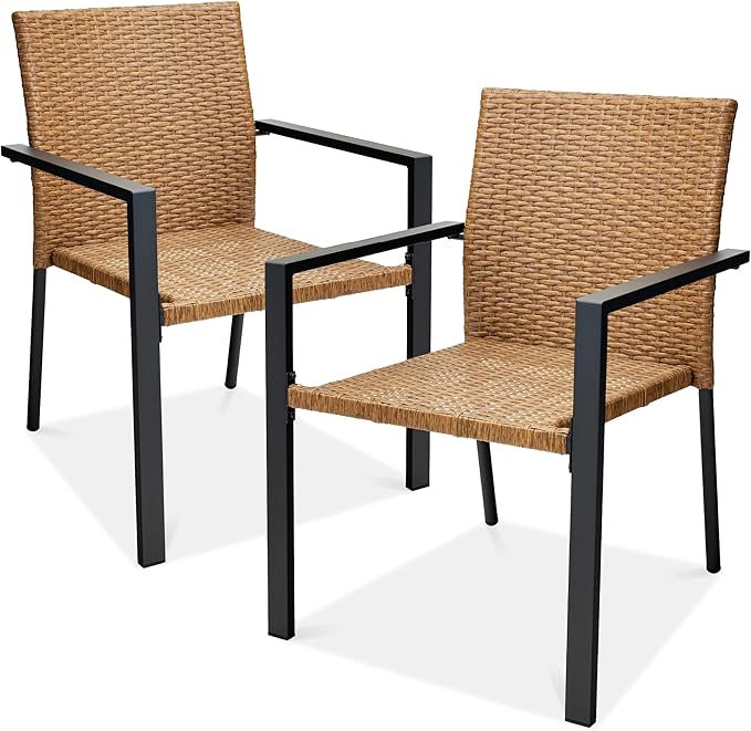 Best Choice Products Set of 2 Stackable Outdoor Wicker Dining Chairs All-Weather Firepit Armchair w/Armrests, Steel Frame for Patio, Deck, Garden, Yard - Natural