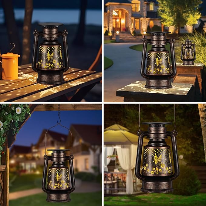 Solar Lantern Outdoor Hanging Vintage LED Waterproof Camping Light with Beautiful Graphics Landscape Decor for Yard,Patio,Porch,Lawn,Tabletop(02 - Hummingbird)