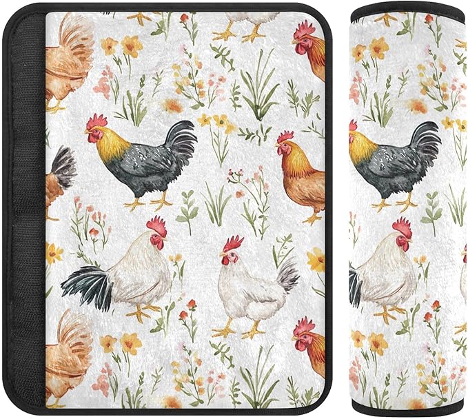 CHIFIGNO 2 Pack Colorful Roosters Cute Flowers Seat Belt Covers Cute Seat Belt Cushion Cover Shoulder Pad Auto Interior Accessories Protect Your Neck and Shoulder