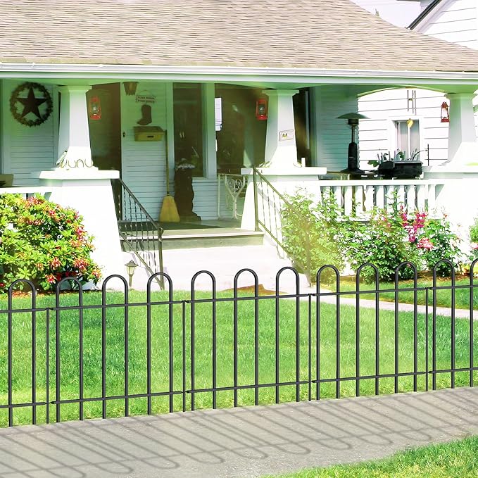 Metal Garden Fence 24 in H x 16 ft L, No dig Garden Border Yard Fencing, Dog Fence Outdoor Temporary Animal Barrier for Flower Bed Lawn and Patio, 8 Panels + 9 Stakes Black