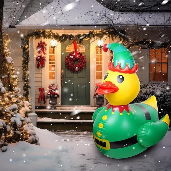 1 Pcs 4.6 Feet Christmas Giant Inflatable Elf Duck Outdoor Decorations,Huge Blow Up Yard Yellow Duck with Green Red Elf Cloth Duck Pool Float for Indoor Christmas Holiday Party Garden Patio Lawn Decor