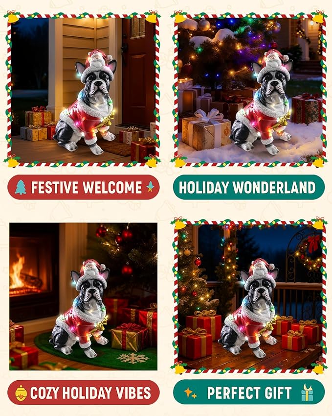 Christmas Outdoor Decoration Dog Statue, LED Light Cute French Bulldog Sculpture with Santa Outfit & Lights for Garden and Yard, Indoor Holiday Décor Gift for mom and dad